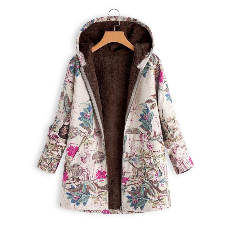 2025 European and American women's long-sleeved zipper hooded thickened composite cotton-padded coat printed medium and long cotton-padded coat