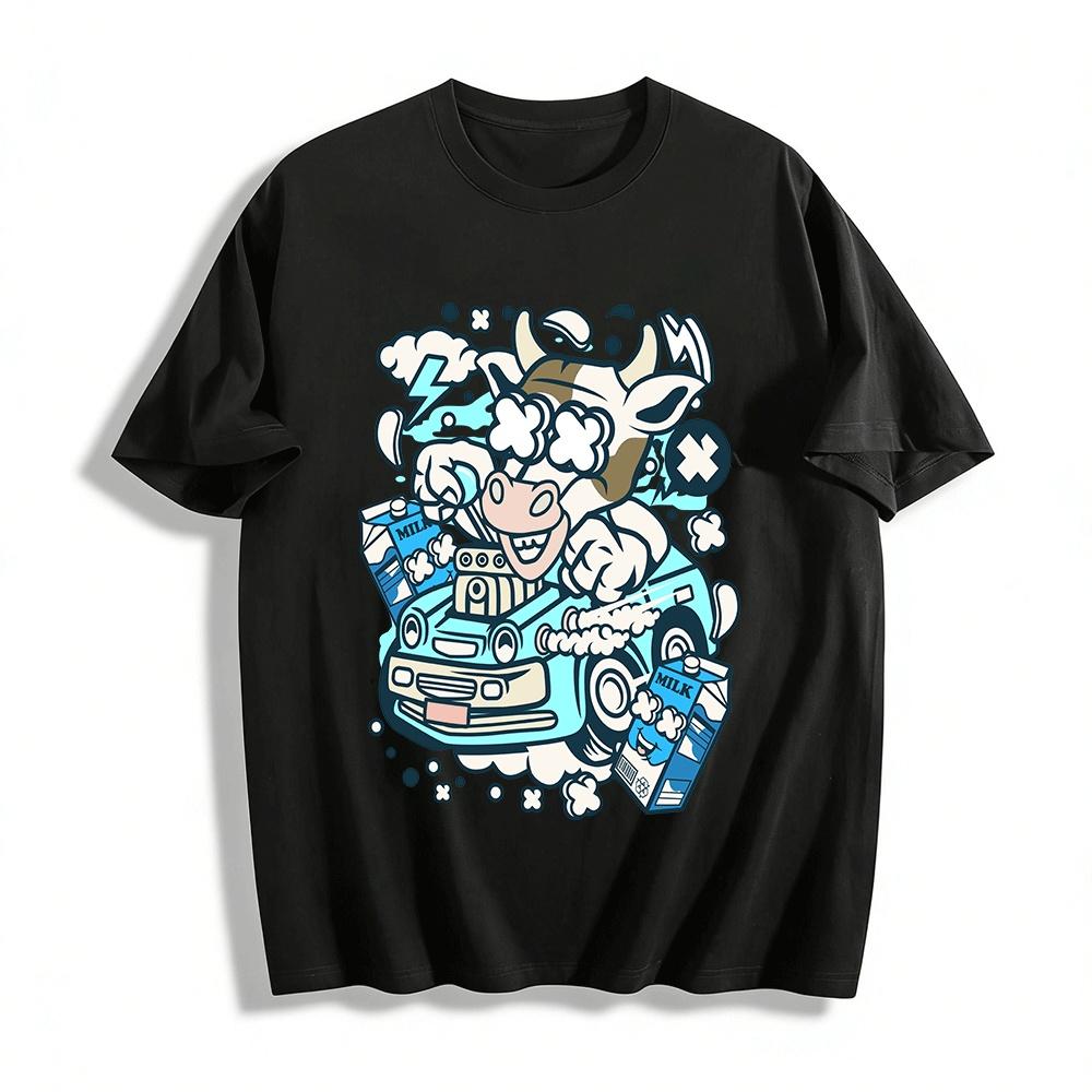 

Crazy Cow Racing Print T-shirt Fun Cartoon Milk Box Casual Tee Pure cotton T-shirt XXS