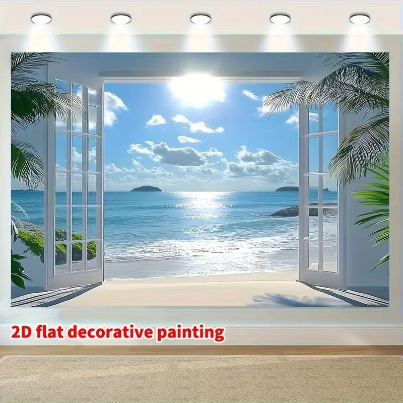 Ocean View Open Door Tapestry Beach Palm Tree Background Cloth