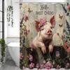 Pink Piggy Floral Shower Curtain, Bathroom Decorative Shower Curtain, Waterproof Shower Curtain with Hooks