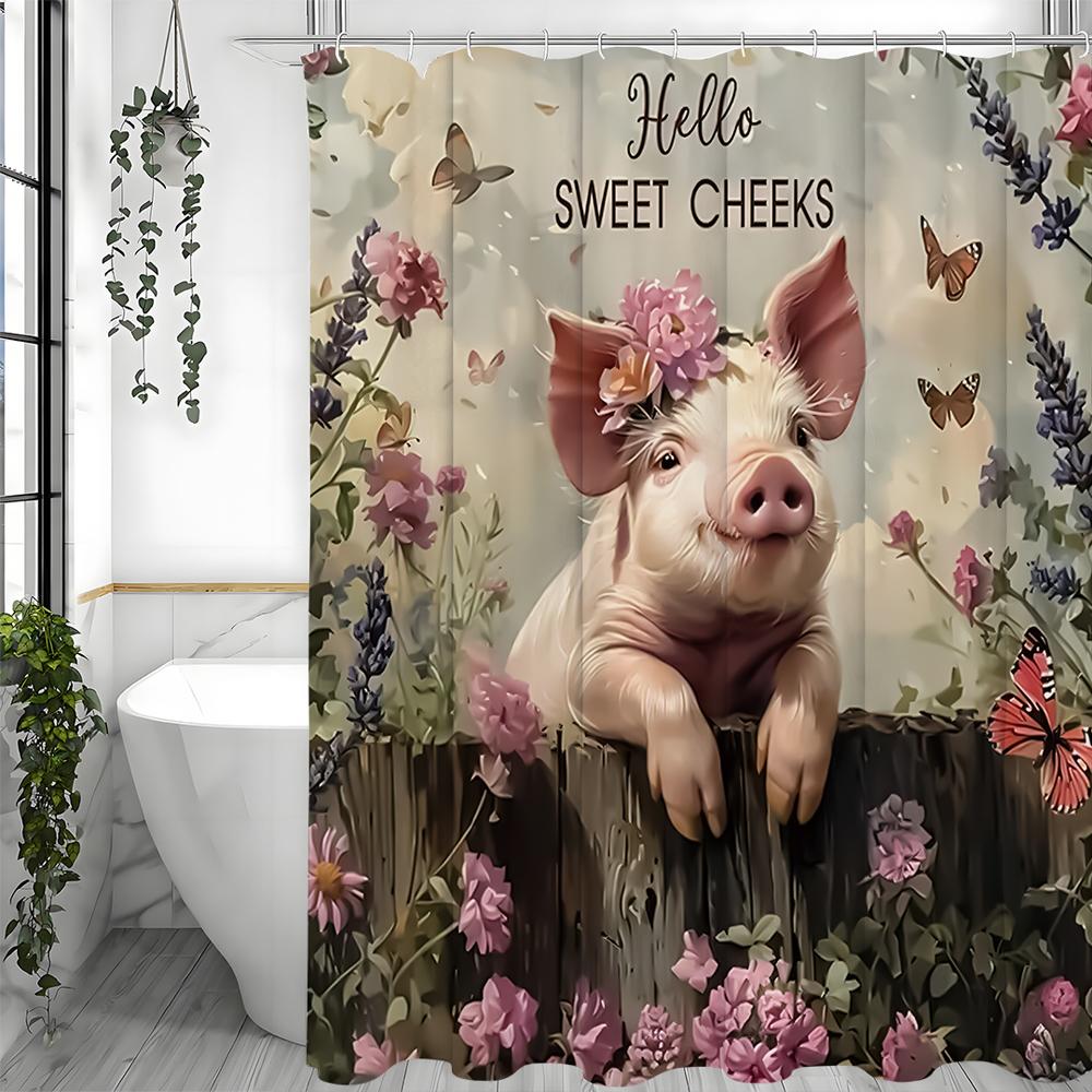 Pink Piggy Floral Shower Curtain, Bathroom Decorative Shower Curtain, Waterproof Shower Curtain with Hooks