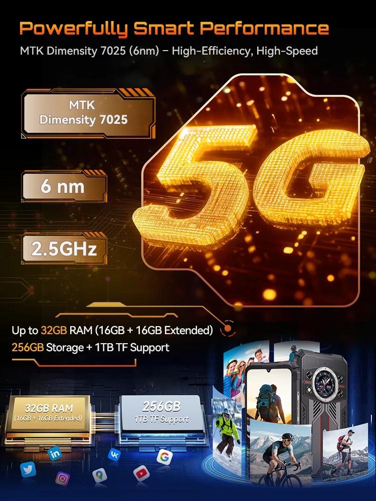 Robust Smartphone 5G Cubot KingKong 11, 10200mAh Batteri, Dimensity 7025 6nm Prosessor, 2.5GHz, 16GB RAM, 256GB ROM, 108MP Kamera