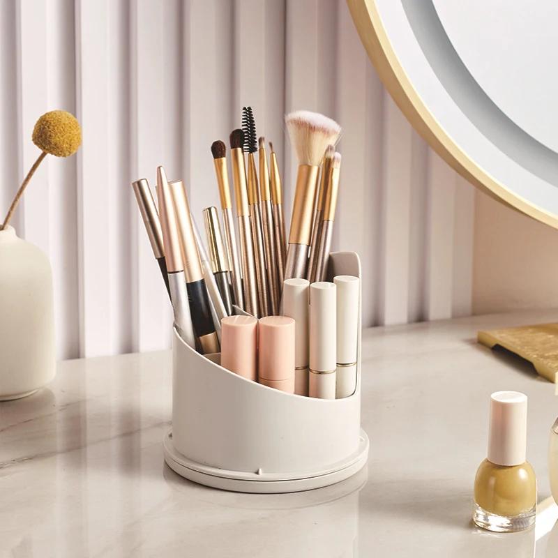 360° Rotating Makeup Brush Holder With Lid Desktop Makeup Organizer Cosmetic Storage Box Lipstick Eyebrow Storage Container Box