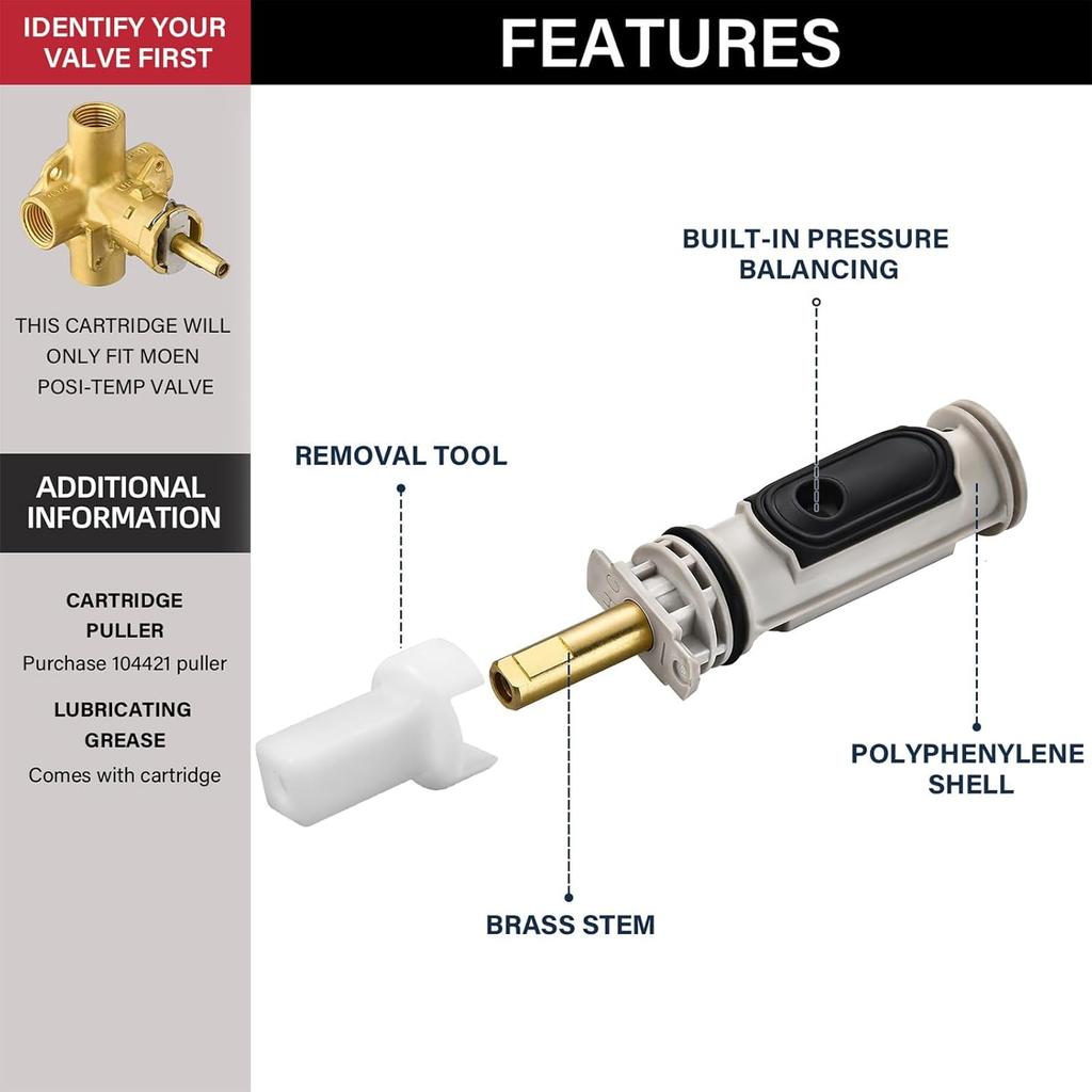 1222 Cartridge Kit for Moen 1222 Replacement Cartridge with Removal Tool 104421 and Handle Adapter 116653, for Moen Posi Temp Shower Repair