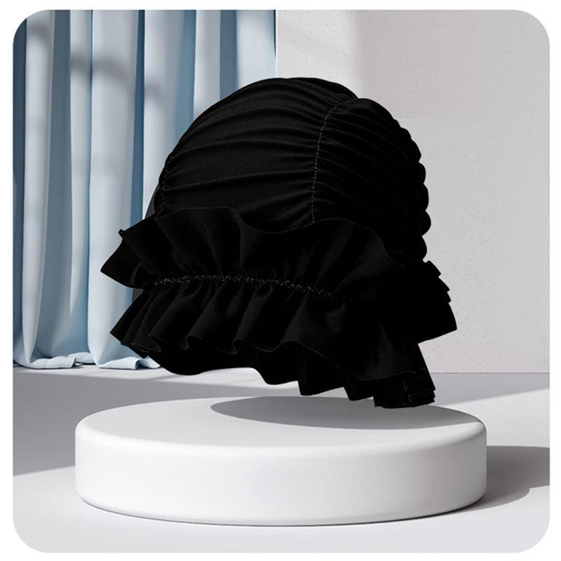 Women Ruffle Swim Cap Stretchy Ear Cover Hat Long Hair Protection Cap