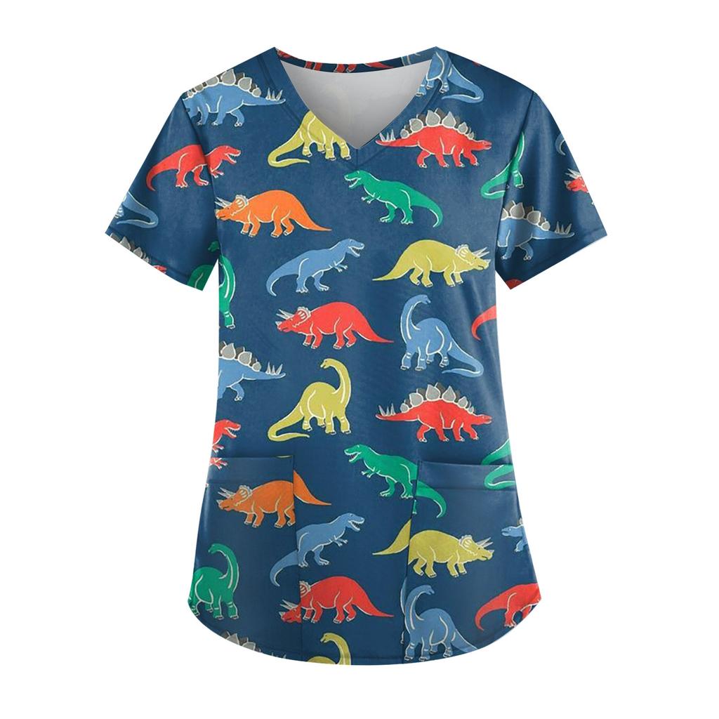 Plus Size Dinosaur Printed Working Uniform Tops For Women V-Neck Short Sleeve T-Shirts Workwear Tee With Pockets