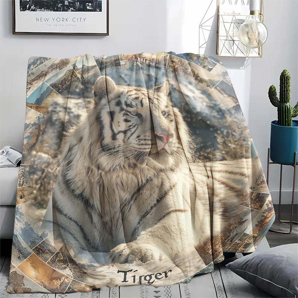 White Tiger Print Flannel Blanket, High Quality Comfortable for All Seasons, Home Decor, Warmth and Comfort, Perfect for Christmas Gifts