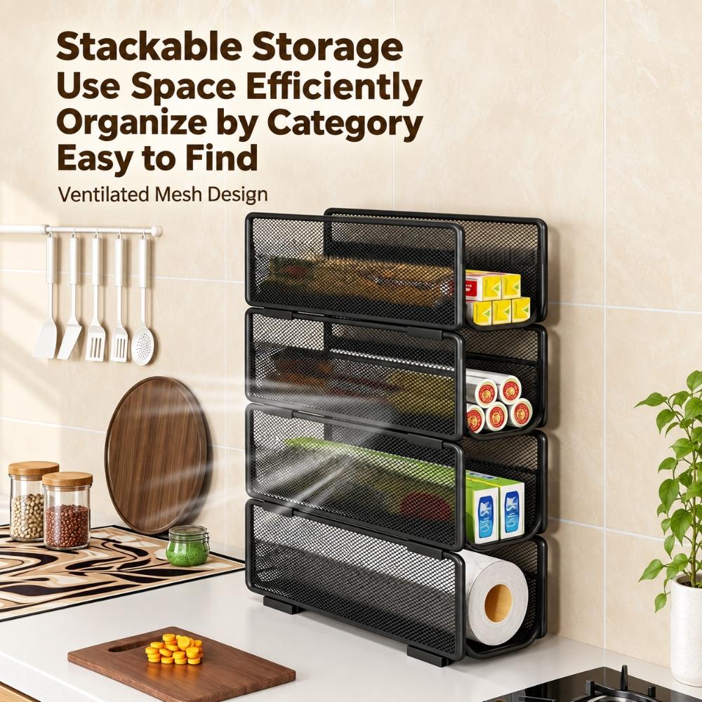 Stackable Kitchen Cabinet Organizer Rack, Iron Mesh Storage Shelf for Plastic Wrap, Paper Rolls and Boxed Supplies