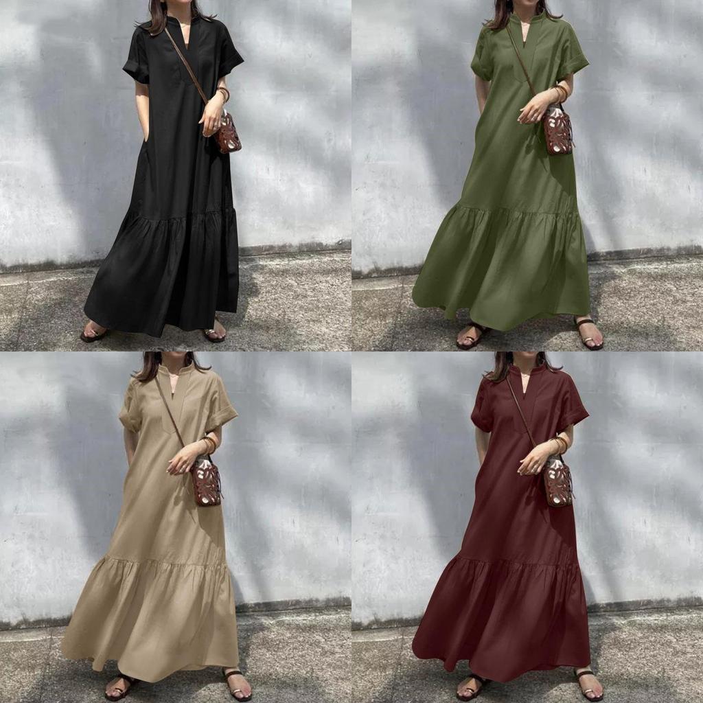 Spring Summer Womens Casual Dress With Vneck Short Sleeves And Asymmetric Fish Tail For Fashionable Wear