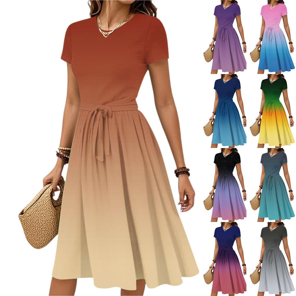 Damen Casual Mode Gürtel Kleid mit floralem Druck, kurzen Ärmeln und Rundhalsausschnitt
