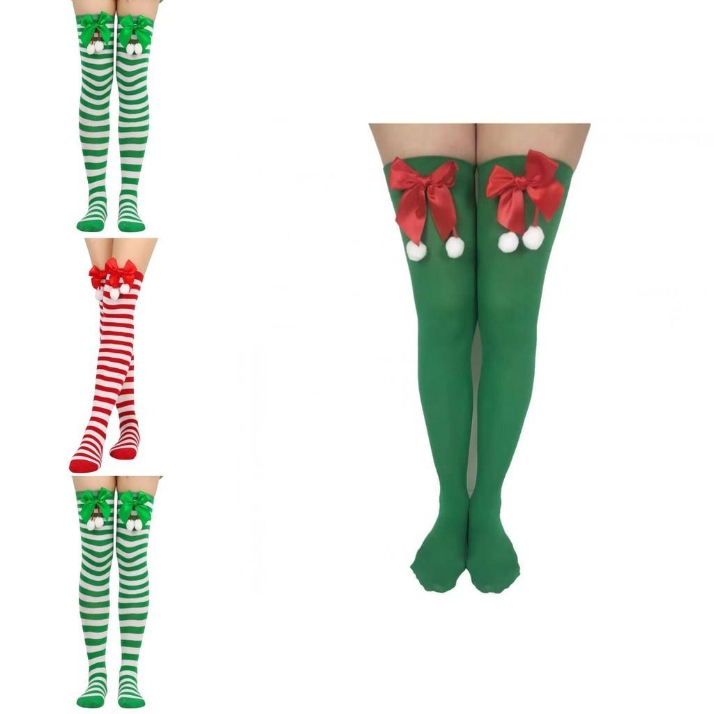Striking Red-green Stripe Christmas Knee Socks For Women Kids