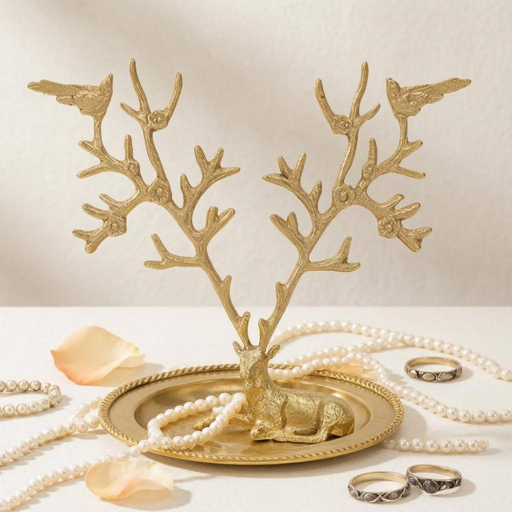 Deer Branching Jewelry Stand Tone Tray Ridged Edge Decor Piece