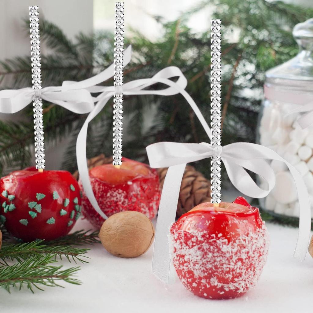 Silver Candy Apple Sticks, 26Pcs Bling Caramel Apple Wooden Pointed Skewers, Fruit Treats Cake Pop Decorative Sticks with Glass Bag Glitter Ribbons