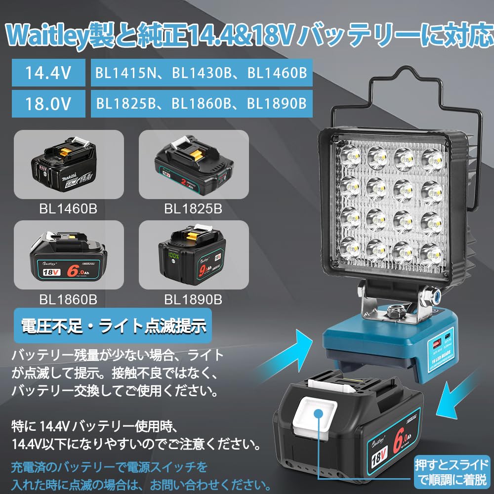 Waitl 3-Level 5800LM Cordless LED Floodlight Work Light, 14.4V, Makita 18V Battery Compatible, High Brightness, 140° Adjustable Angle, IP65 Waterproof