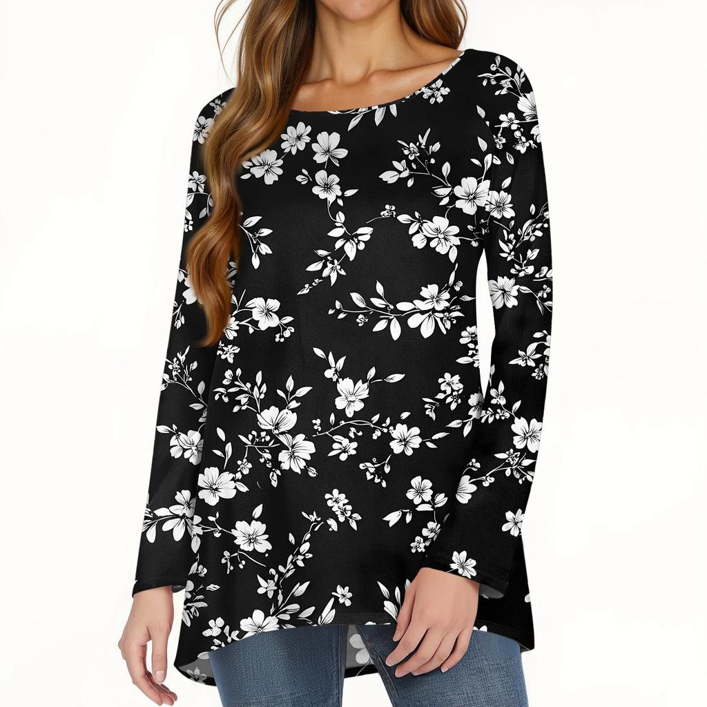 Women's Fashion Casual Long Sleeve Print Round Neck Pullover Top Blouse