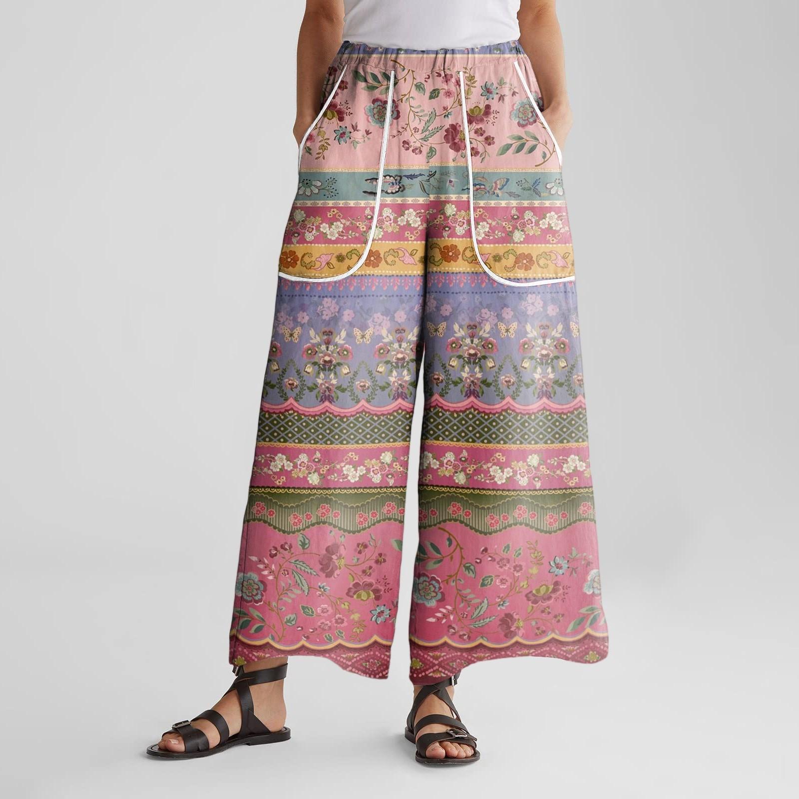 

Женские брюки широкие от бедра с эластичным поясом, с принтом, с большими карманами, с отделкой пэчворк по краю, свободные XL арбуз красный