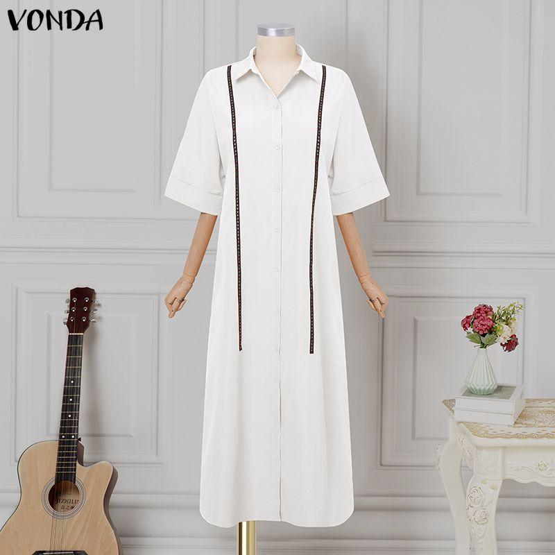 VONDA Women Lapel Neck Long Sleeve Embroidery Hem Casual Long Elegant Shirts Dress