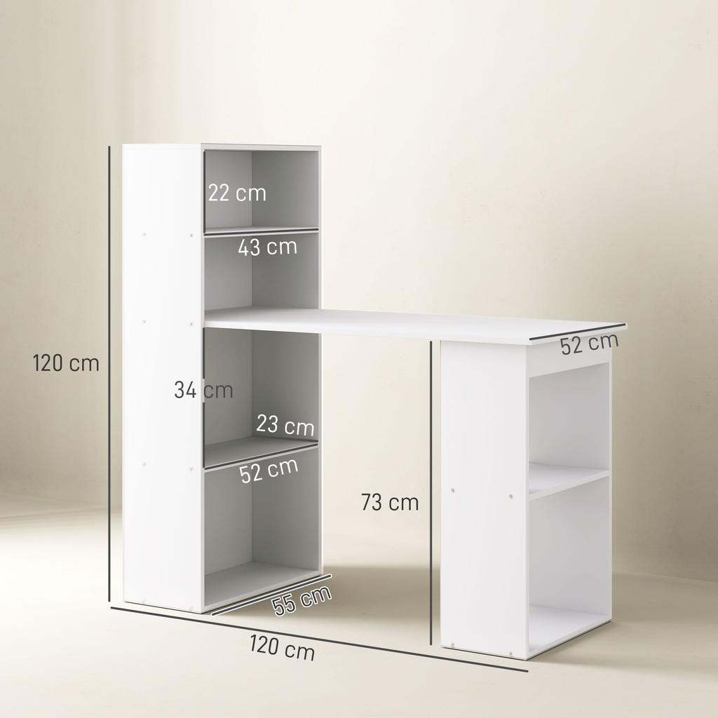 Desk Office Table Computer Desk, 2 Shelves, 5 Shelf Boards, 120 cm x 55 cm x 120 cm, White