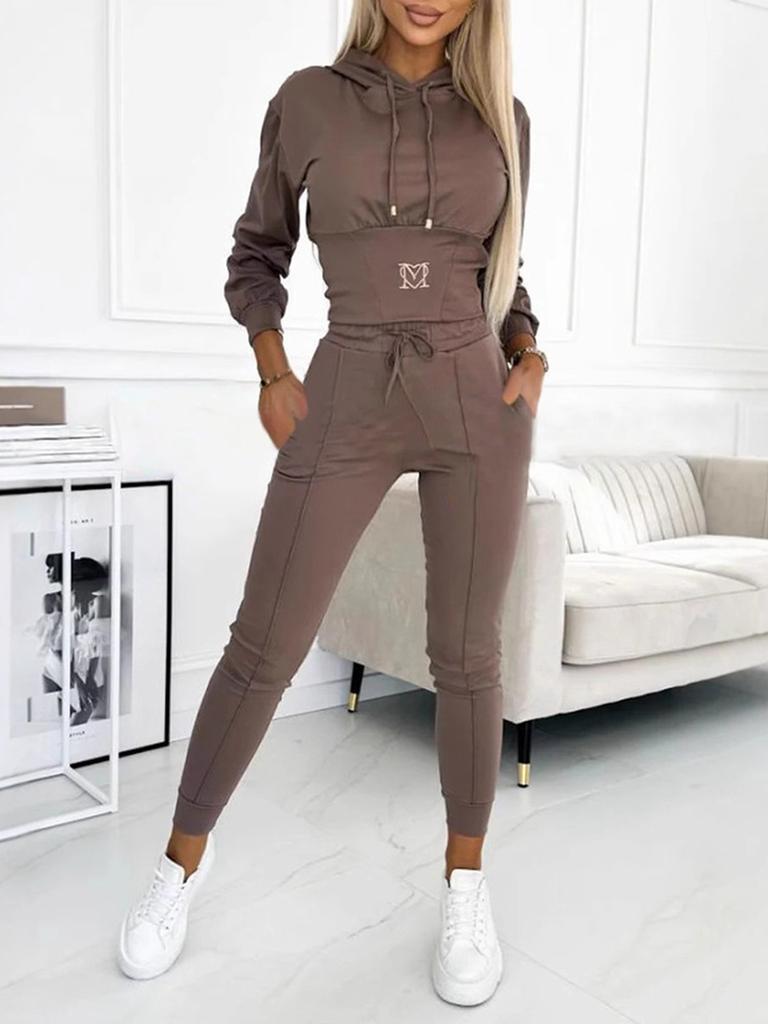 New Autumn Winter Waist Shaping Casual Sports Set with Hood Top and Pants Outfit