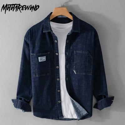 Korean Style Denim Shirt Men Spring/Autumn Casual Cargo Shirt Slim Fit Cotton Long Sleeve Jean Men Tops with Pockets Youth Popular Men Clothing