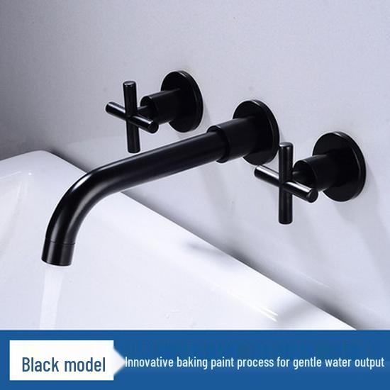 Matte Black Wall-Mounted Double Handle Concealed Basin Faucet with Hot/Cold Water and Brass Drain