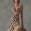 Rochie de damă stil european-american, cu mânecă lungă, decolteu în V, imprimeu model piatră, patchwork, plasă