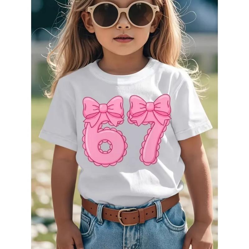 67 Six Seven Cute Bowknot Printer Children's Tshirt Summer Fashion Kids Clothing Cotton Comfortable Boys Girls Short Sleeve Tees