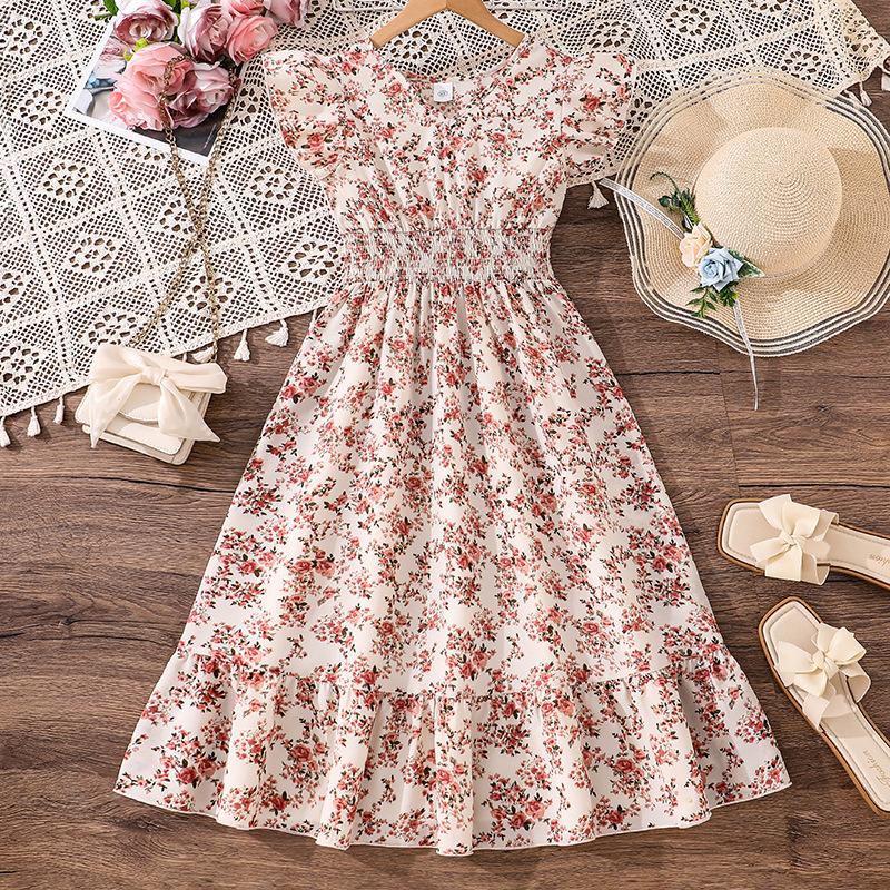 

Girl Sleeveless Floral Print Dress Children Kid Casual Summer Beach Sundress Princess Dresses Clothes 9Y розовый