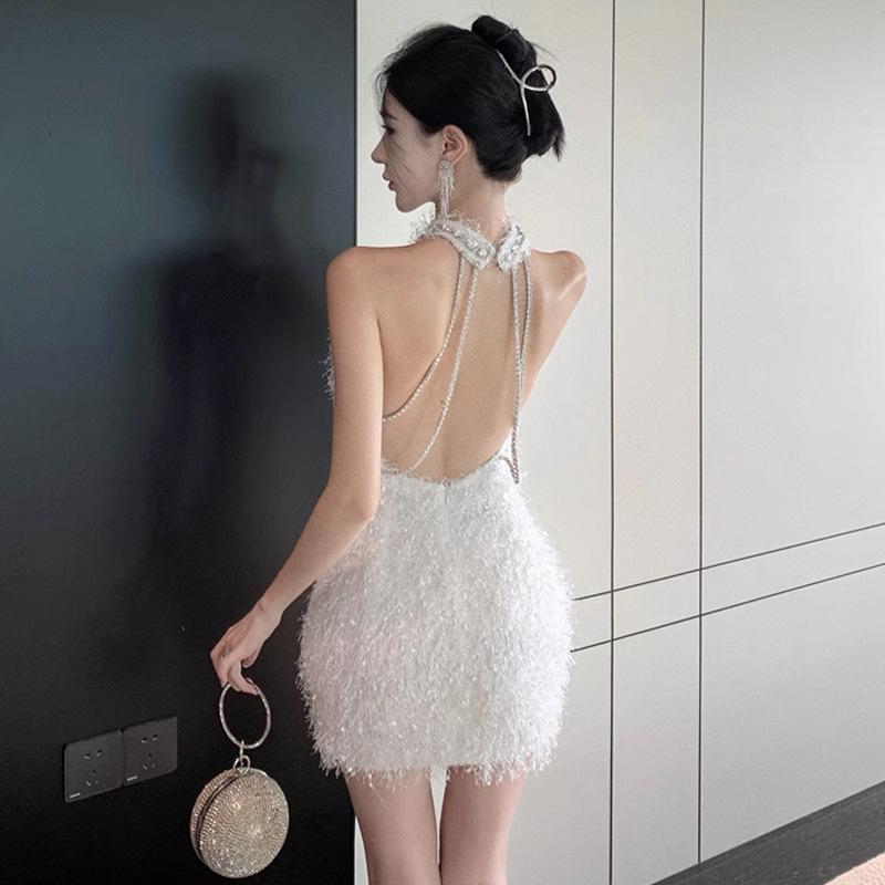 

Женское сексуальное знаменитое платье с бретельками через шею с бриллиантами и гвоздями Tide L белый