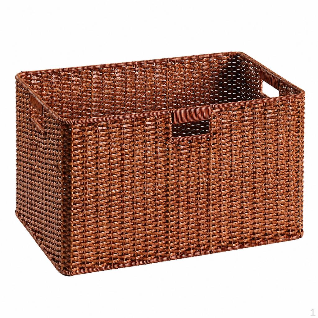 Woven Storage Baskets, Rectangular Wicker Basket with CutOut Handles, Tan Synthetic Rattan for