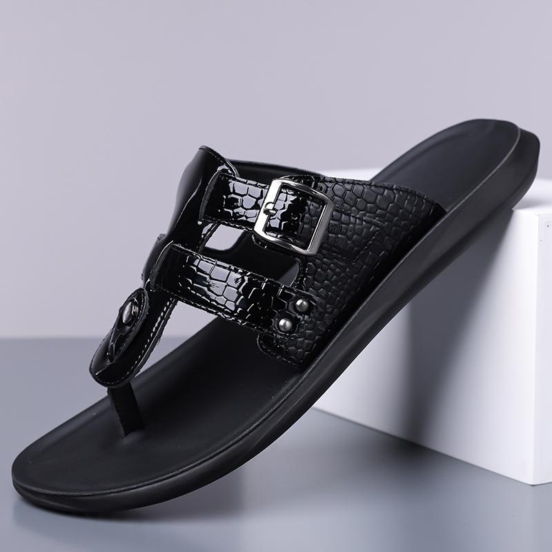 Men Black Leather Slippers Simple Flats Summer White Flip Flops Outdoor Sandals Blue Open Toe Beach Shoes Plus Size