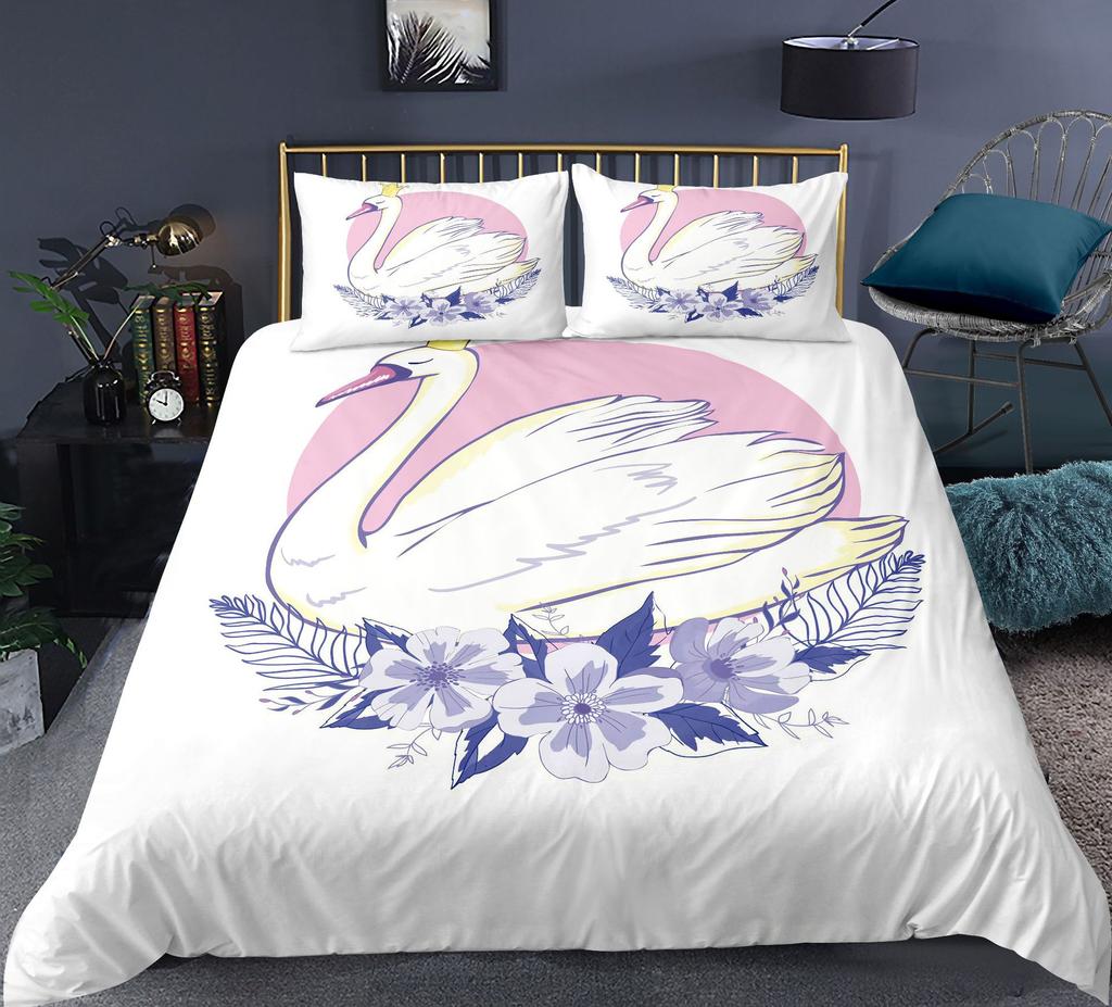 Swan Duvet Cover Set Rose Crown Comforter Cover Polyester Bedding Set Sweet Girl Romantic Quilt Cover Pink Red King Twin Size