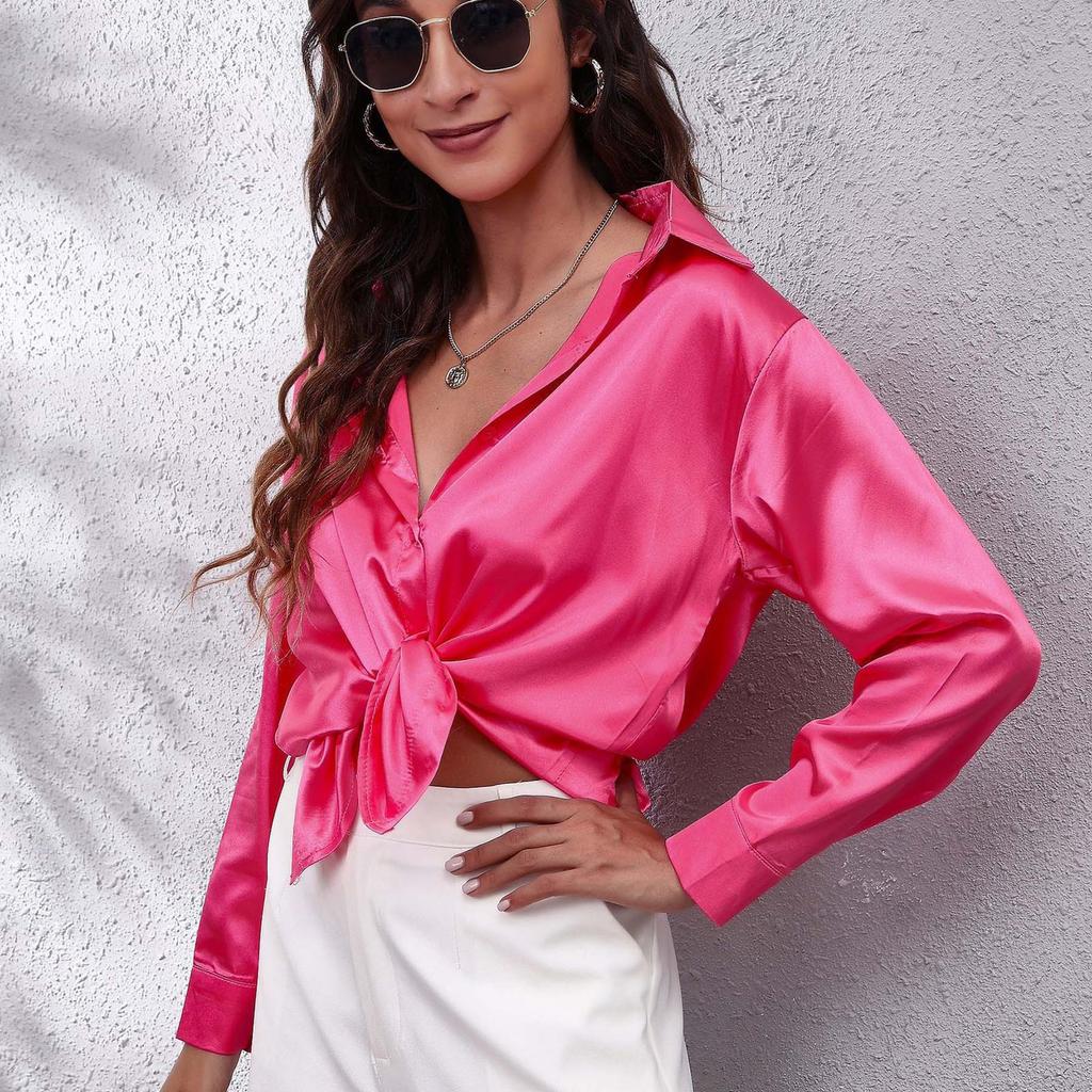 Women's Long Sleeve Silk Feeling Shirt Wrap Knot Casual Blouse