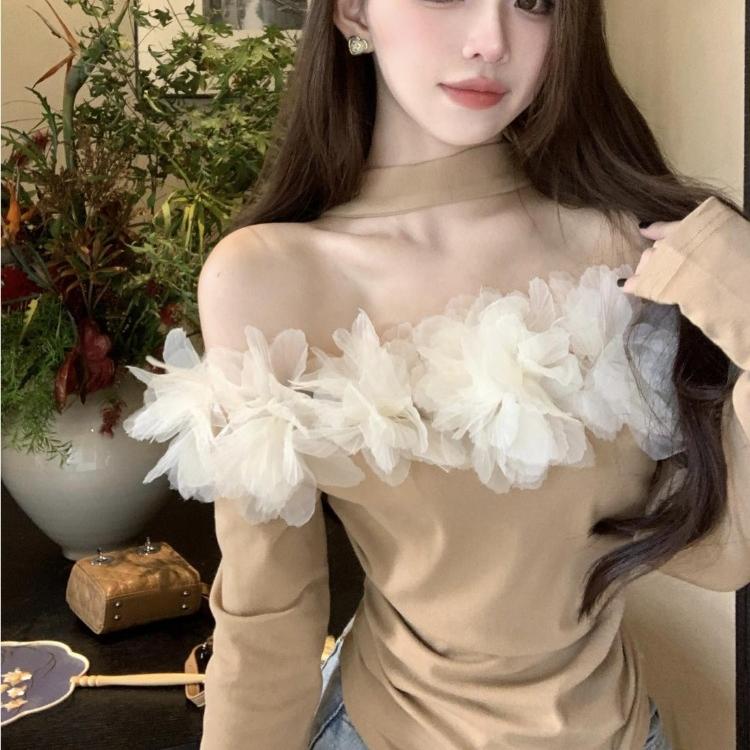 Sexy skjorter Dame Slash Neck Off Shoulder Mesh Patchwork Vintage Bluse Slank Langermet Elegant Crop Tops Chic
