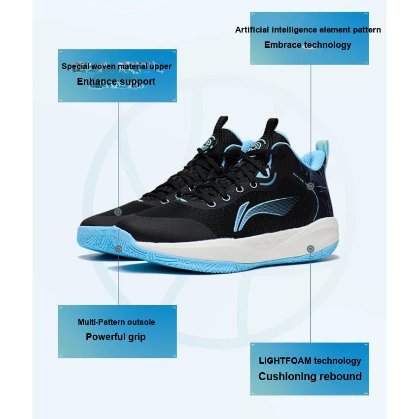 Li Ning Primary 3.0 Mesh Assorbimento degli Urti Antiscivolo Leggero Rimbalzo Scarpe da Basket Basse per Bambini Scarpe da basket per bambini Nero Blu YKBT028-5