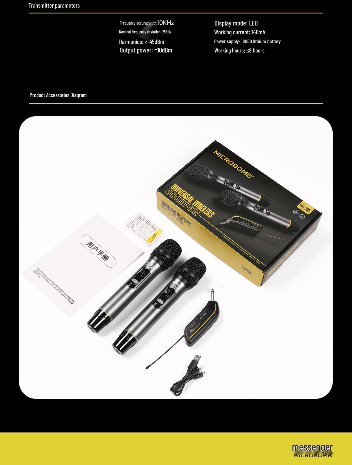 

Professional Wireless Dynamic Microphone for Meetings, Live Broadcasts, Singing, and KTV; One-to-Two Universal Compatibility.