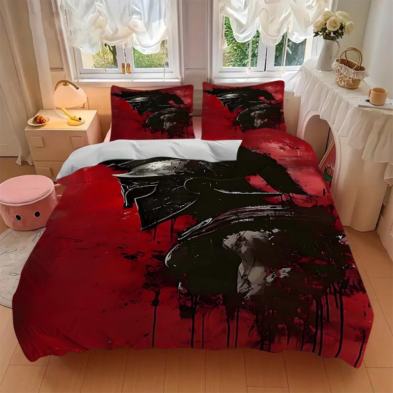 3pcs Spartan Helmet Art Print - Home Decor Gift, Anime Design Bedding Set with One Quilt Cover and Two Pillowcases (No Core), Polyester Fabric for Bed