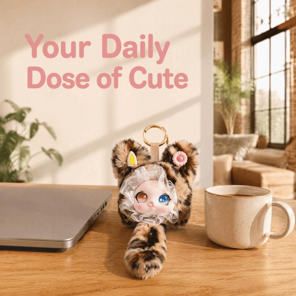 Cute Design Lace Leopard Print Cat Plush Keychain Vinyl Face Doll Pendant Boys and Girls