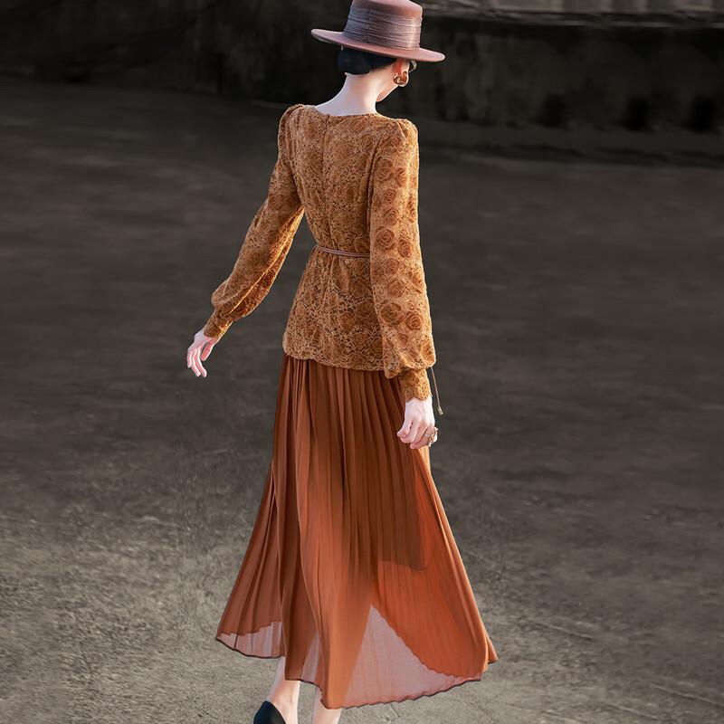 Vintage Lace-Paneled Pleated Long-Sleeve Midi Dress