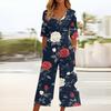 Women's Loose Casual V-Neck Printed Jumpsuit Slim Fit Wide Leg Jumpsuit Wide Leg Jumpsuit