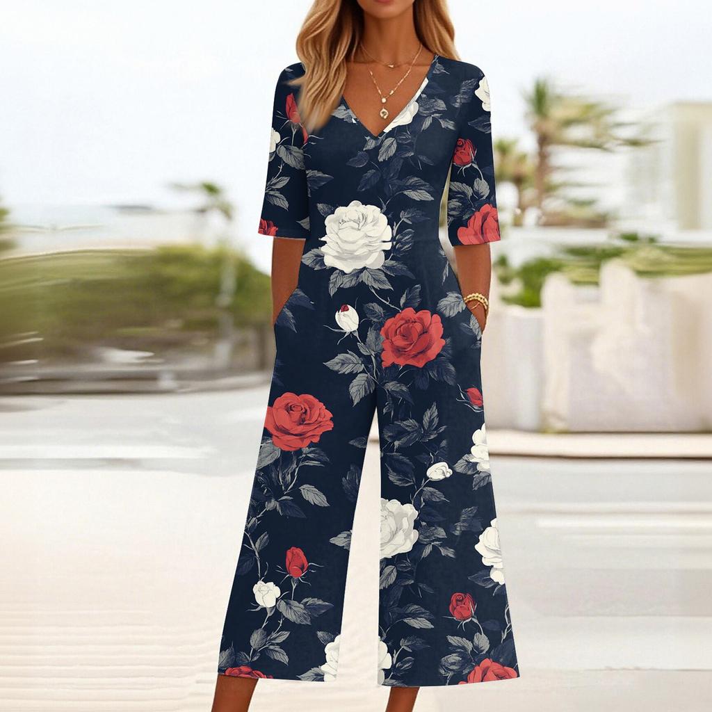 Women's Loose Casual V-Neck Printed Jumpsuit Slim Fit Wide Leg Jumpsuit Wide Leg Jumpsuit