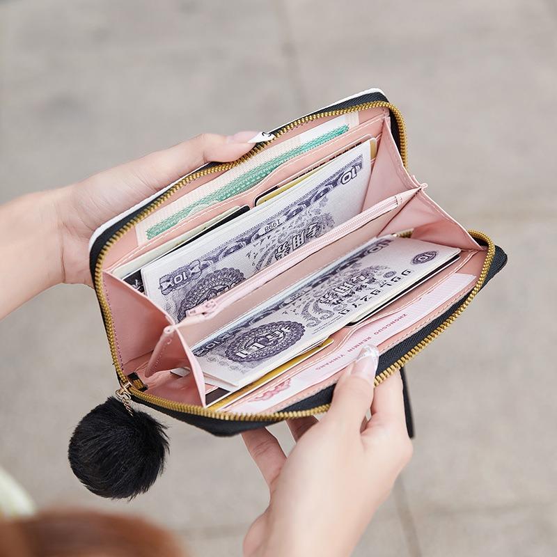 New iron sheet lychee pattern contrasting color long single pull wallet cute high value change bag