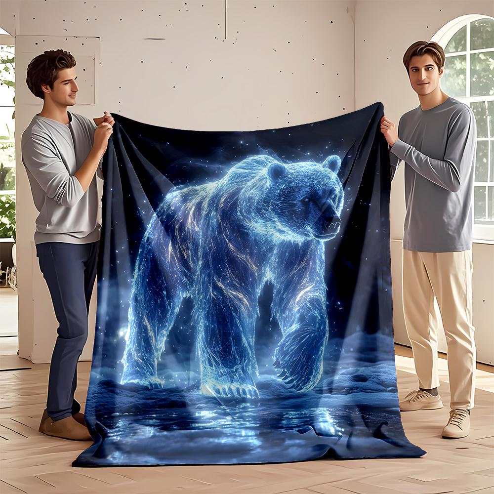 Glowing Blue Bear with Cosmic Light Design. Flannel Blanket for Bedroom, Living Room, Sofa, and Nap Sofas.