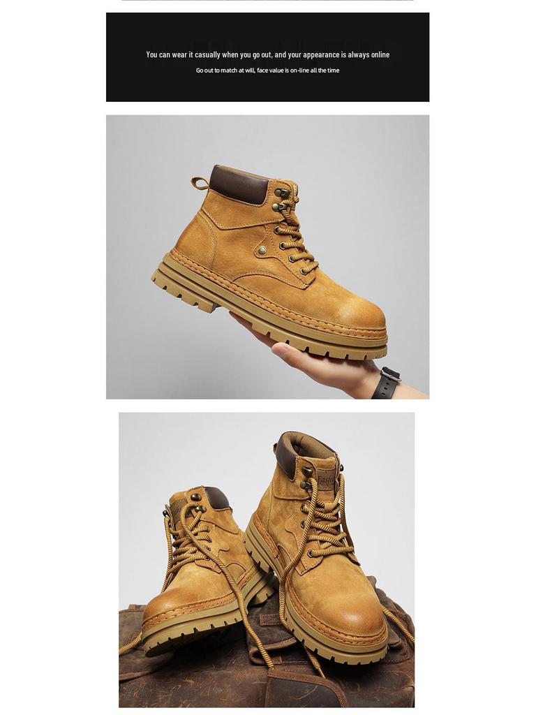 Men's Autumn/Winter Lightweight Breathable British Style High-Top Yellow Pigskin Work Boots