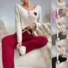 Women’s Autumn and Winter 2 Piece Pajama Set Heart Embroidery Long Sleeve Top and Long Pants Loungewear Suitable for Outdoor Wear