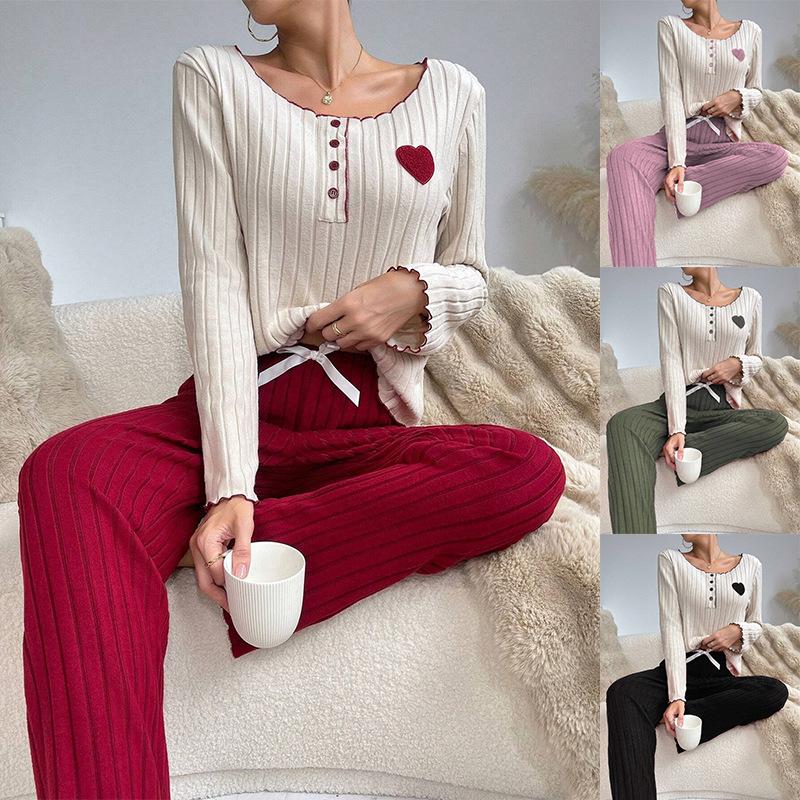 Women’s Autumn and Winter 2 Piece Pajama Set Heart Embroidery Long Sleeve Top and Long Pants Loungewear Suitable for Outdoor Wear