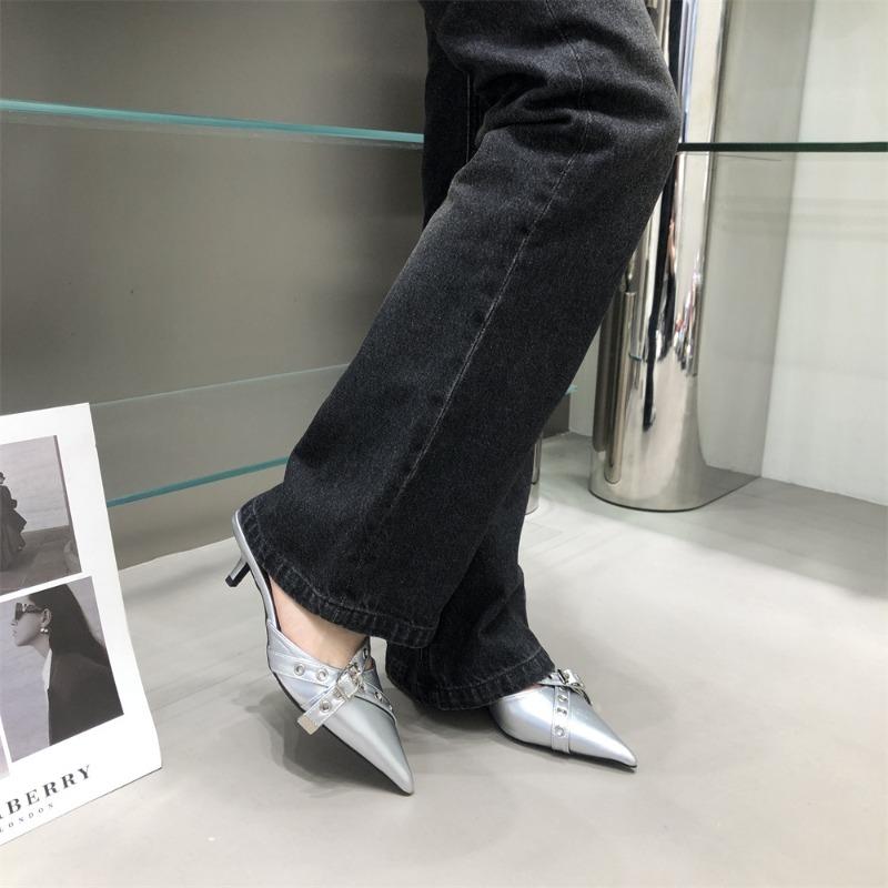 Footwear Baotou Pointed Half Slippers Female External Wear Medium Heels Pumps 2025 Fashion New Ankle Buckle 4cm Follow