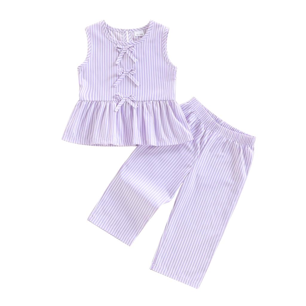 Baby Girl Summer Outfits Striped Bows Ruffled Hem Crew Neck Sleeveless Tank Tops and Pants 2 Pcs Set
