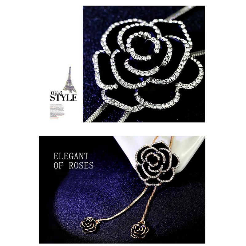 Black Rose Flower Long Necklace Sweater Chain Metal  Pendant Necklaces Adjusted