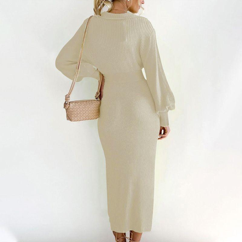 Autumn Winter Women Dress Ladies Sweater Skirt V-neck Knitted Sweater Dress